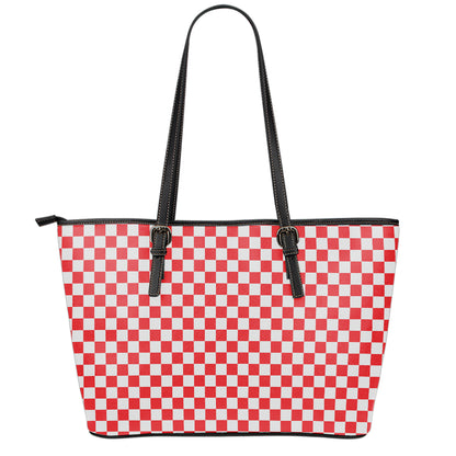 Red And White Checkered Pattern Print Leather Tote Bag
