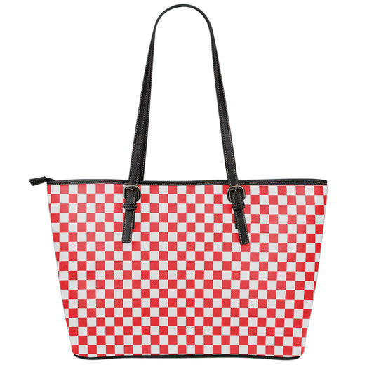 Red And White Checkered Pattern Print Leather Tote Bag