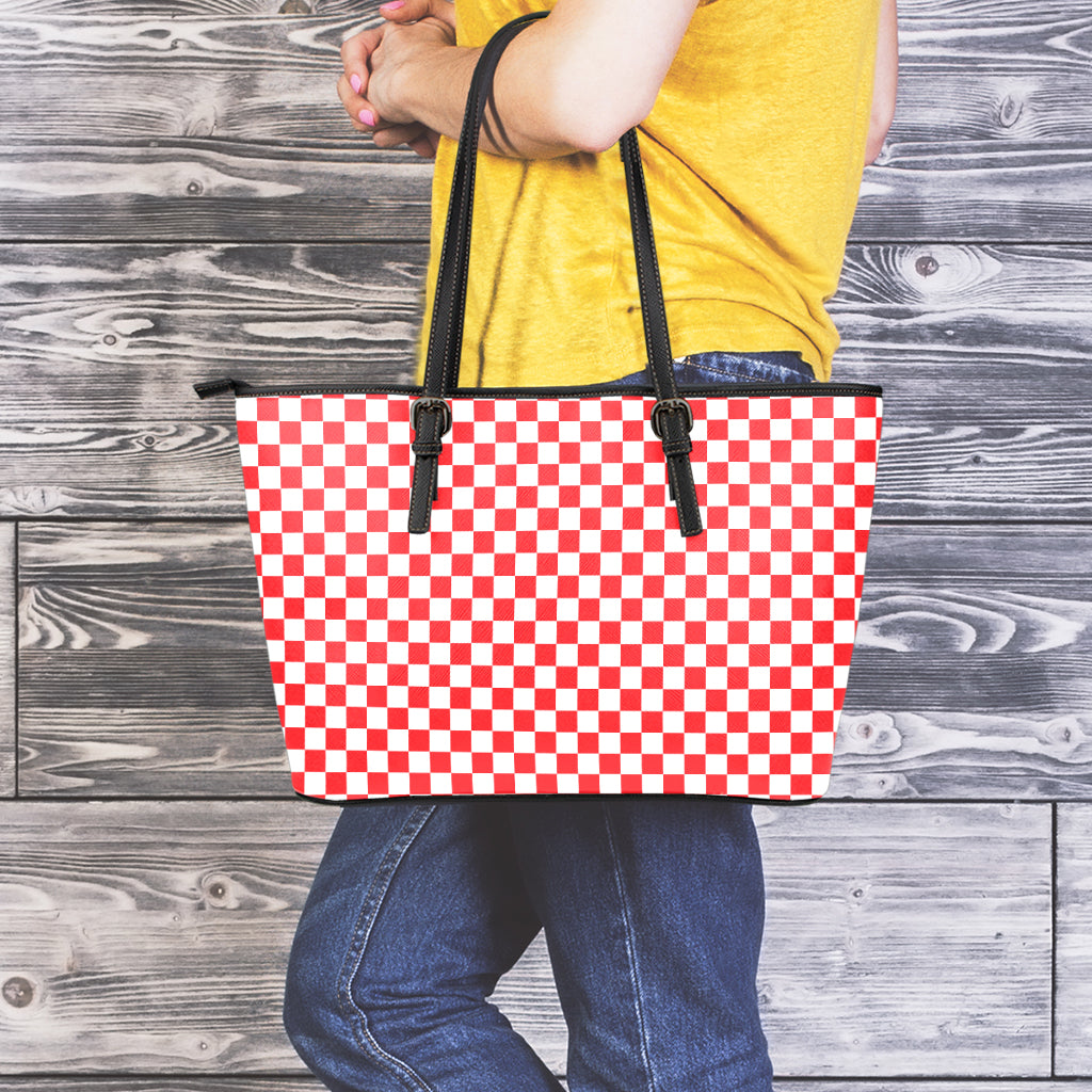 Red And White Checkered Pattern Print Leather Tote Bag