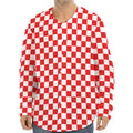 Red And White Checkered Pattern Print Long Sleeve Baseball Jersey