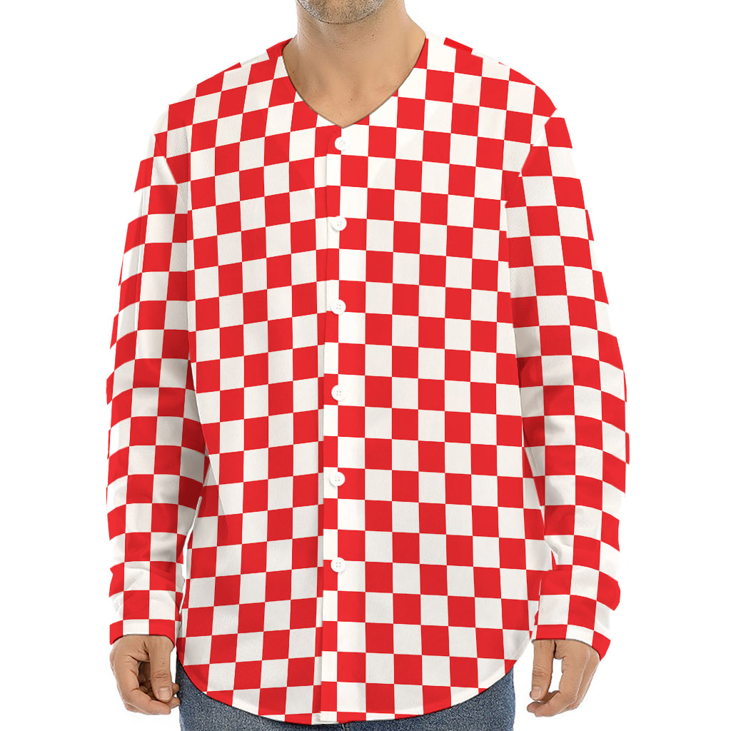 Red And White Checkered Pattern Print Long Sleeve Baseball Jersey