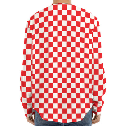 Red And White Checkered Pattern Print Long Sleeve Baseball Jersey