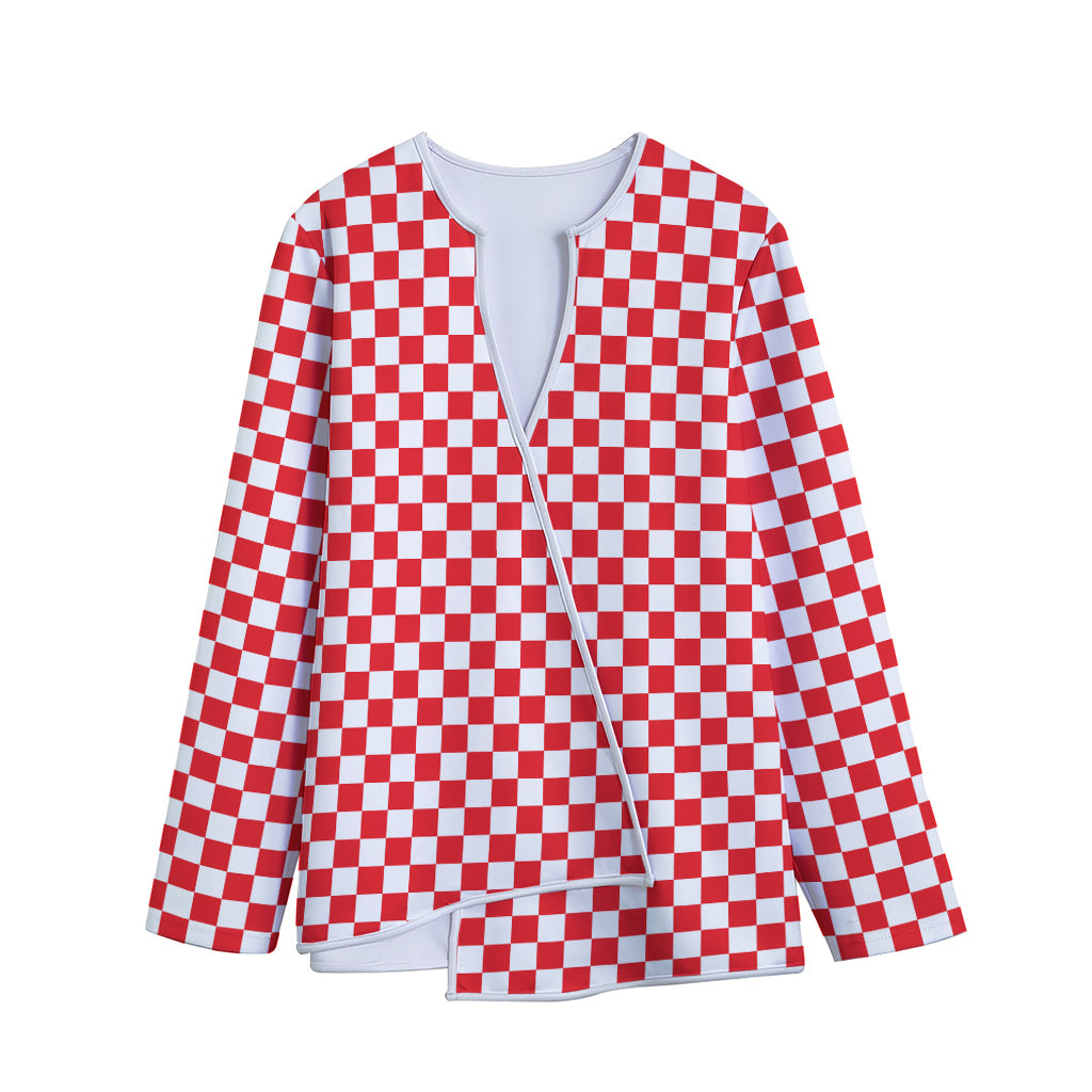 Red And White Checkered Pattern Print Long Sleeve Short Coat