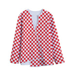 Red And White Checkered Pattern Print Long Sleeve Short Coat