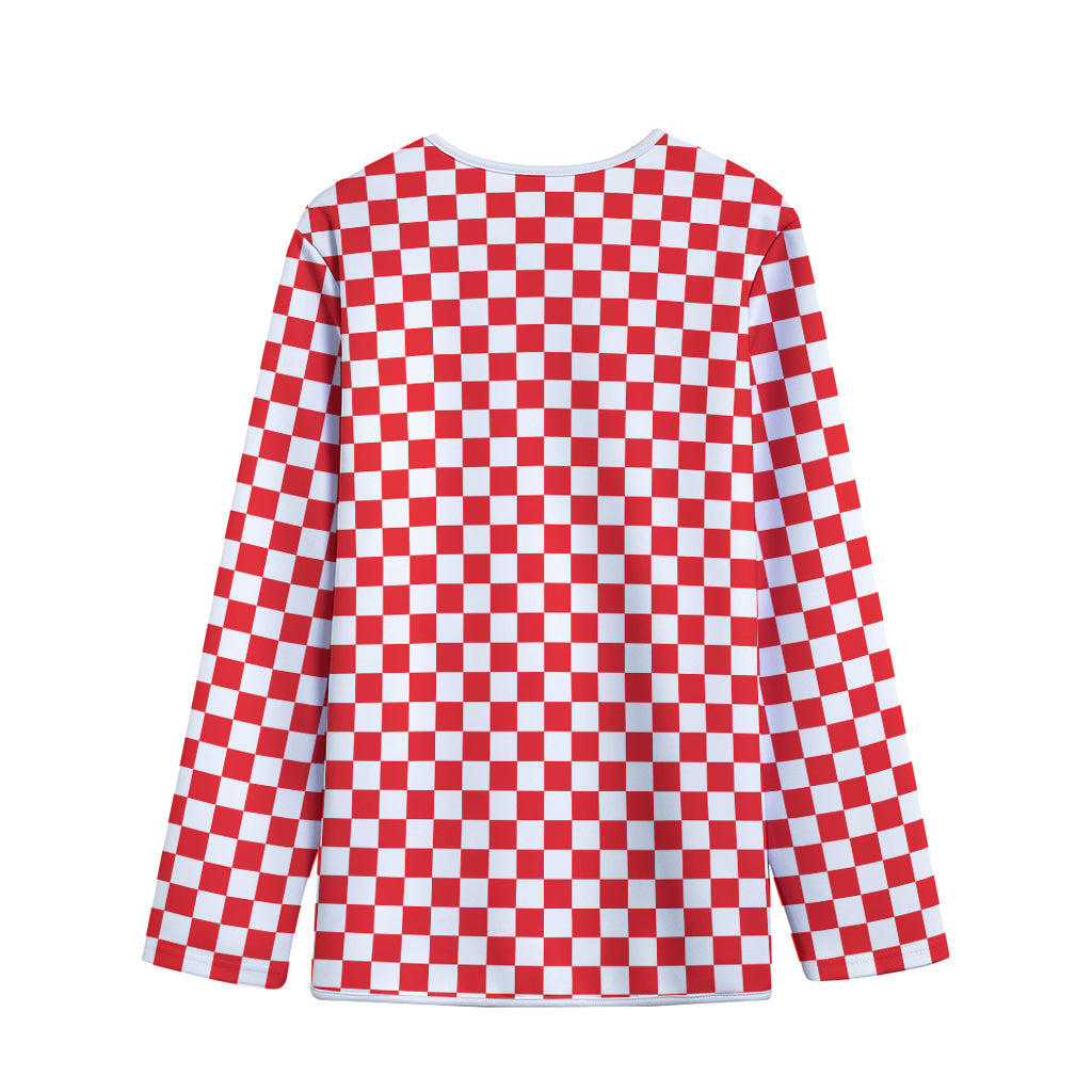 Red And White Checkered Pattern Print Long Sleeve Short Coat