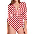 Red And White Checkered Pattern Print Long Sleeve Swimsuit