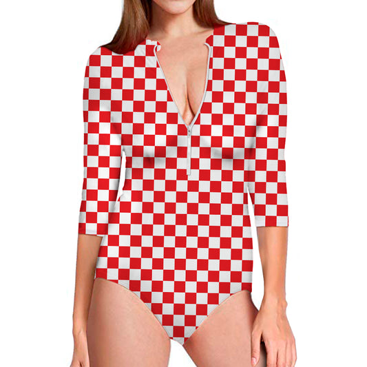 Red And White Checkered Pattern Print Long Sleeve Swimsuit
