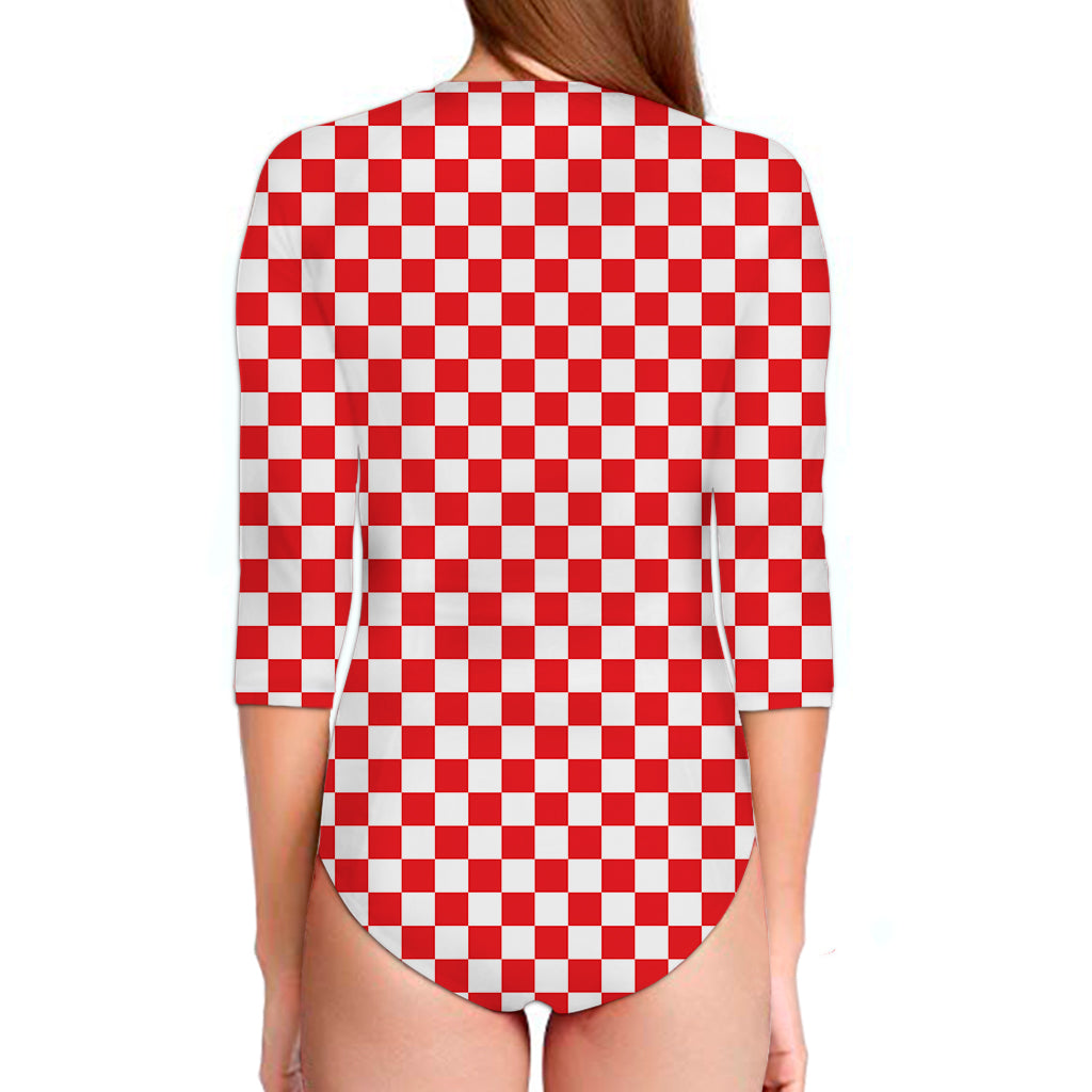 Red And White Checkered Pattern Print Long Sleeve Swimsuit