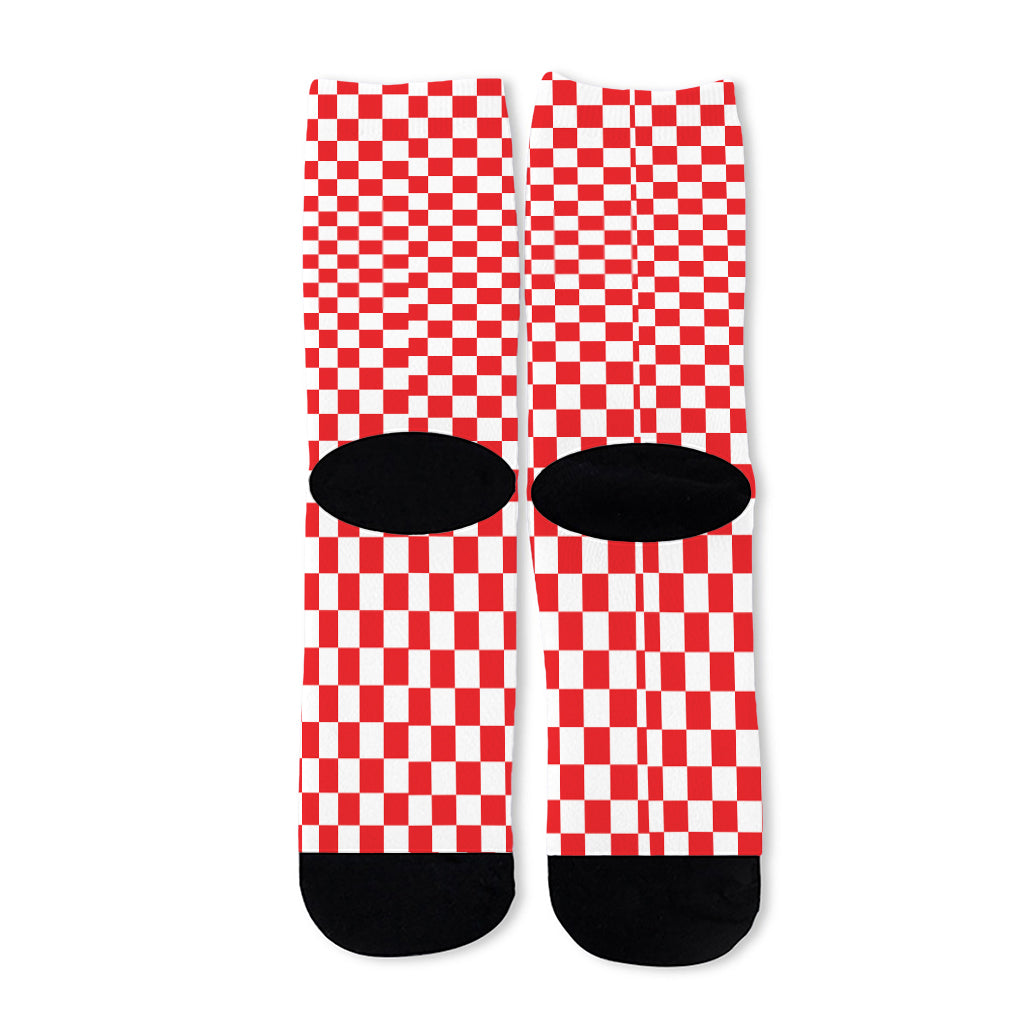 Red And White Checkered Pattern Print Long Socks
