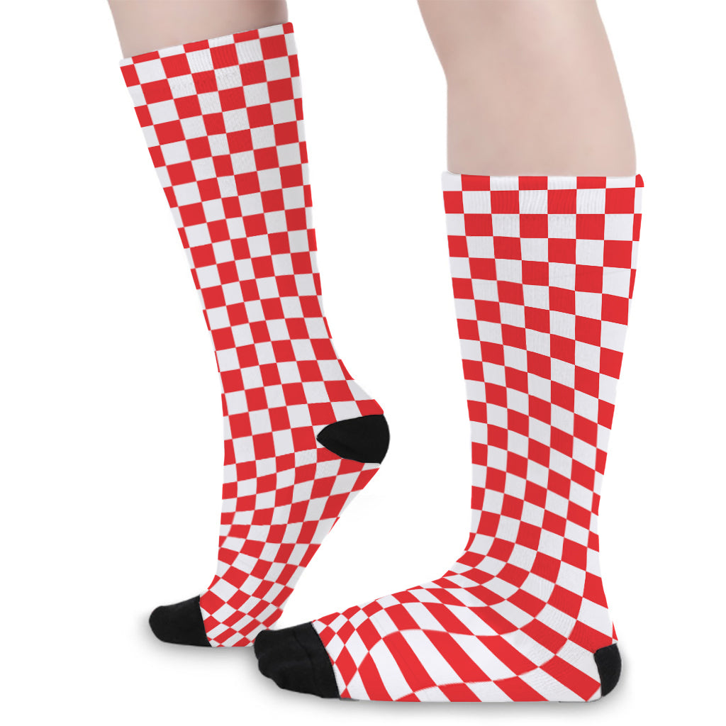 Red And White Checkered Pattern Print Long Socks