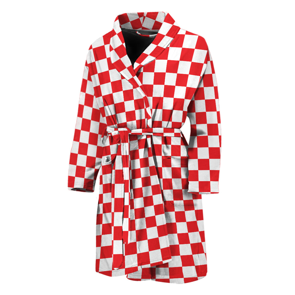 Red And White Checkered Pattern Print Men's Bathrobe