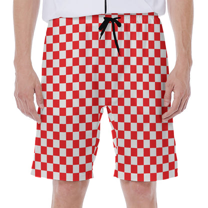 Red And White Checkered Pattern Print Men's Beach Shorts