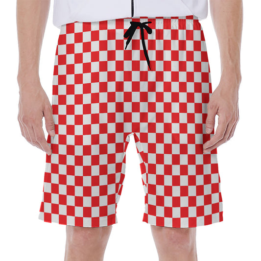 Red And White Checkered Pattern Print Men's Beach Shorts