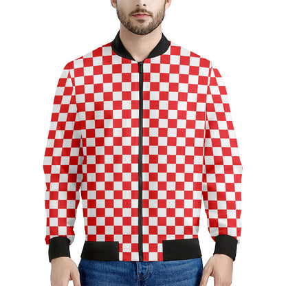Red And White Checkered Pattern Print Men's Bomber Jacket