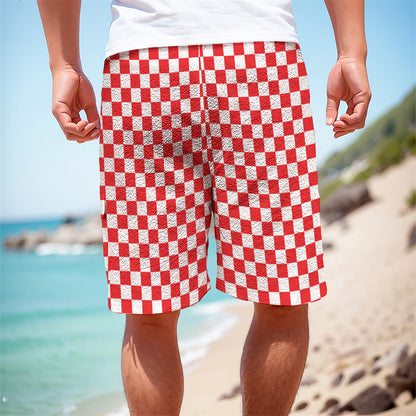 Red And White Checkered Pattern Print Men's Cargo Shorts