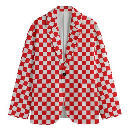 Red And White Checkered Pattern Print Men's Cotton Blazer
