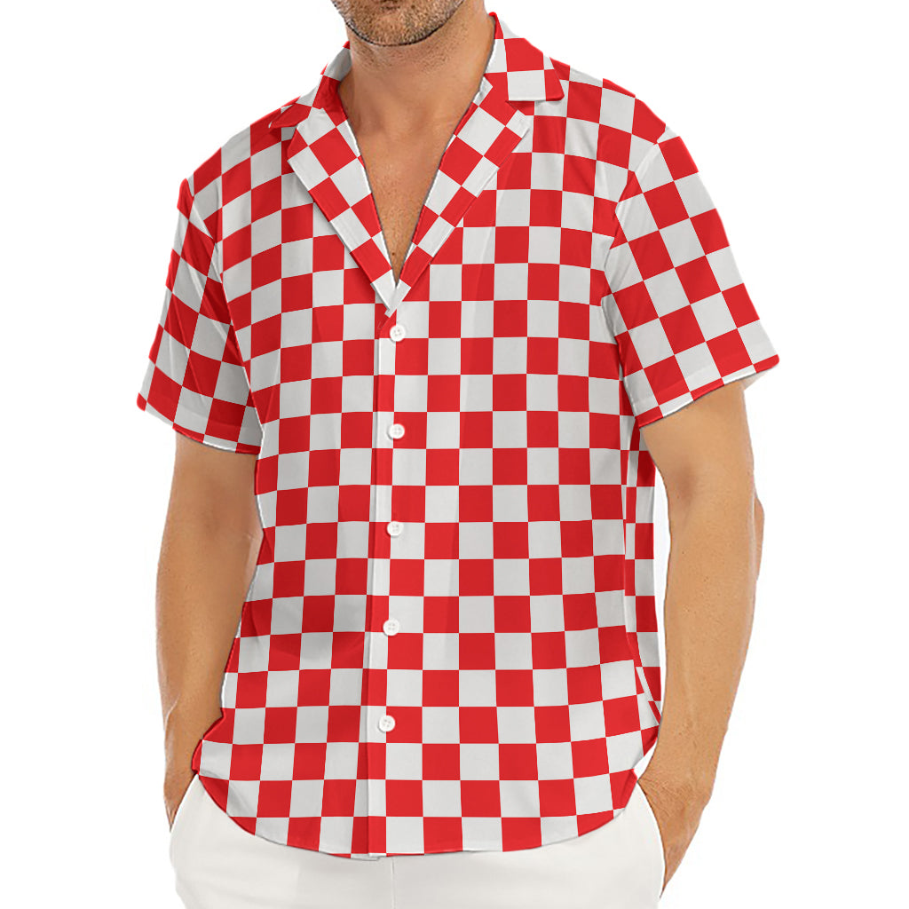 Red And White Checkered Pattern Print Men's Deep V-Neck Shirt