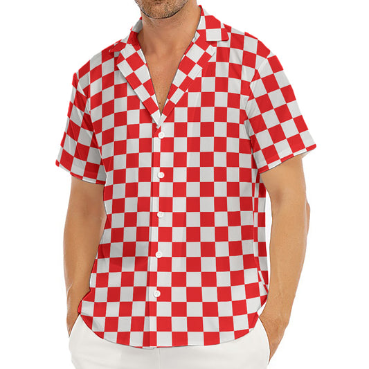 Red And White Checkered Pattern Print Men's Deep V-Neck Shirt
