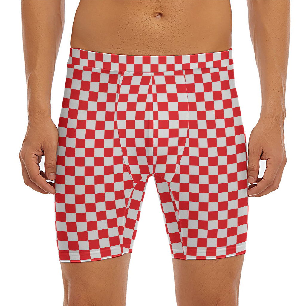 Red And White Checkered Pattern Print Men's Long Boxer Briefs