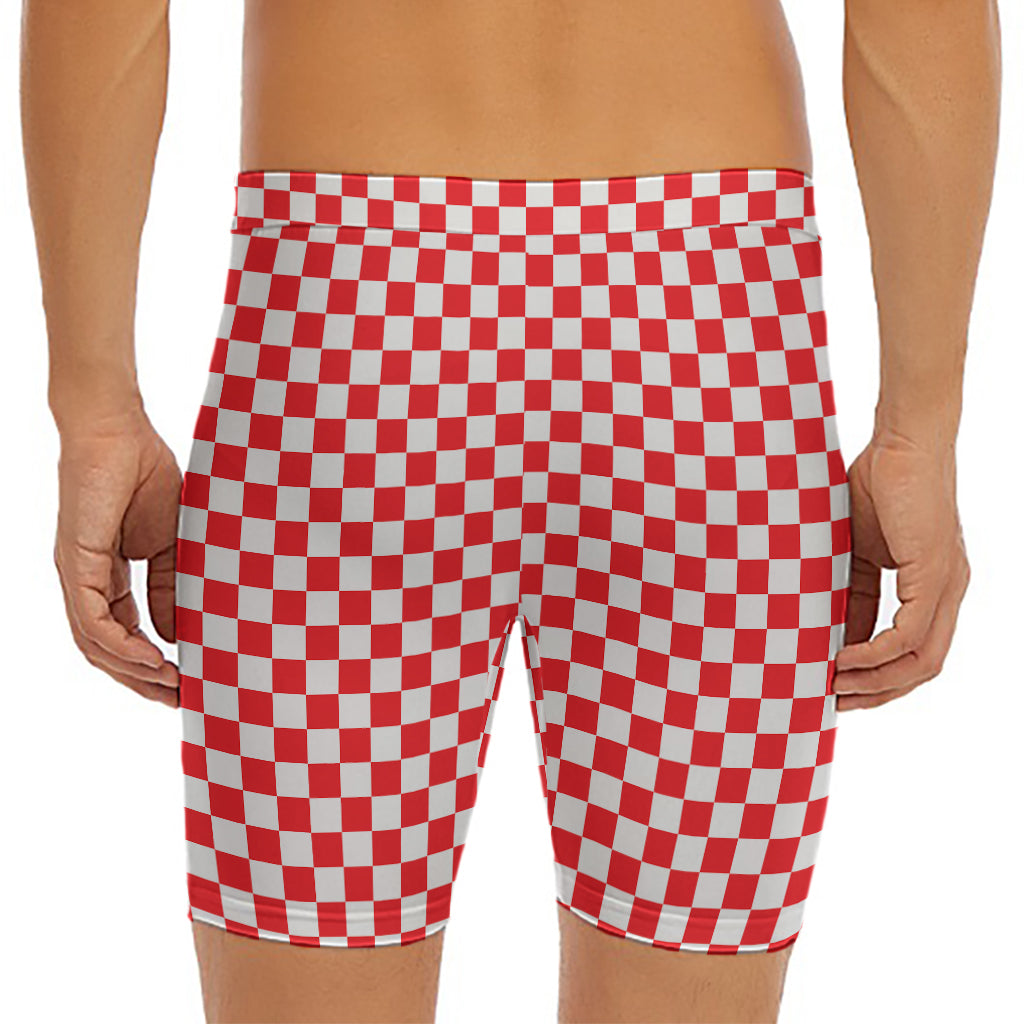 Red And White Checkered Pattern Print Men's Long Boxer Briefs