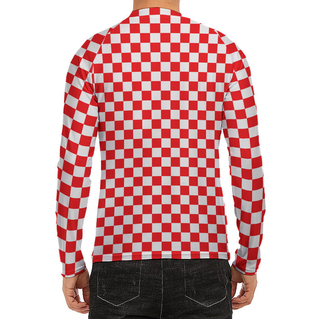 Red And White Checkered Pattern Print Men's Long Sleeve Rash Guard