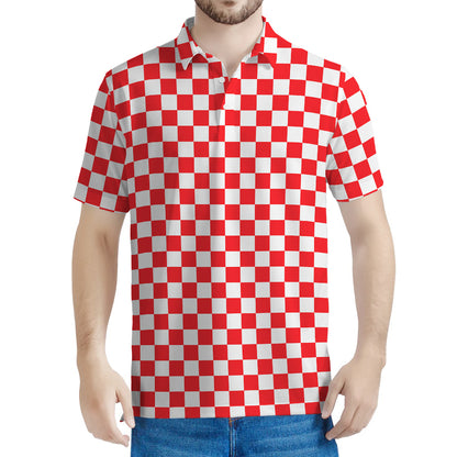 Red And White Checkered Pattern Print Men's Polo Shirt