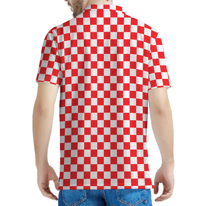 Red And White Checkered Pattern Print Men's Polo Shirt