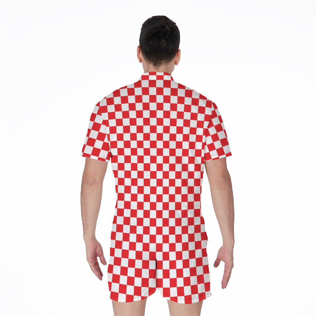 Red And White Checkered Pattern Print Men's Rompers
