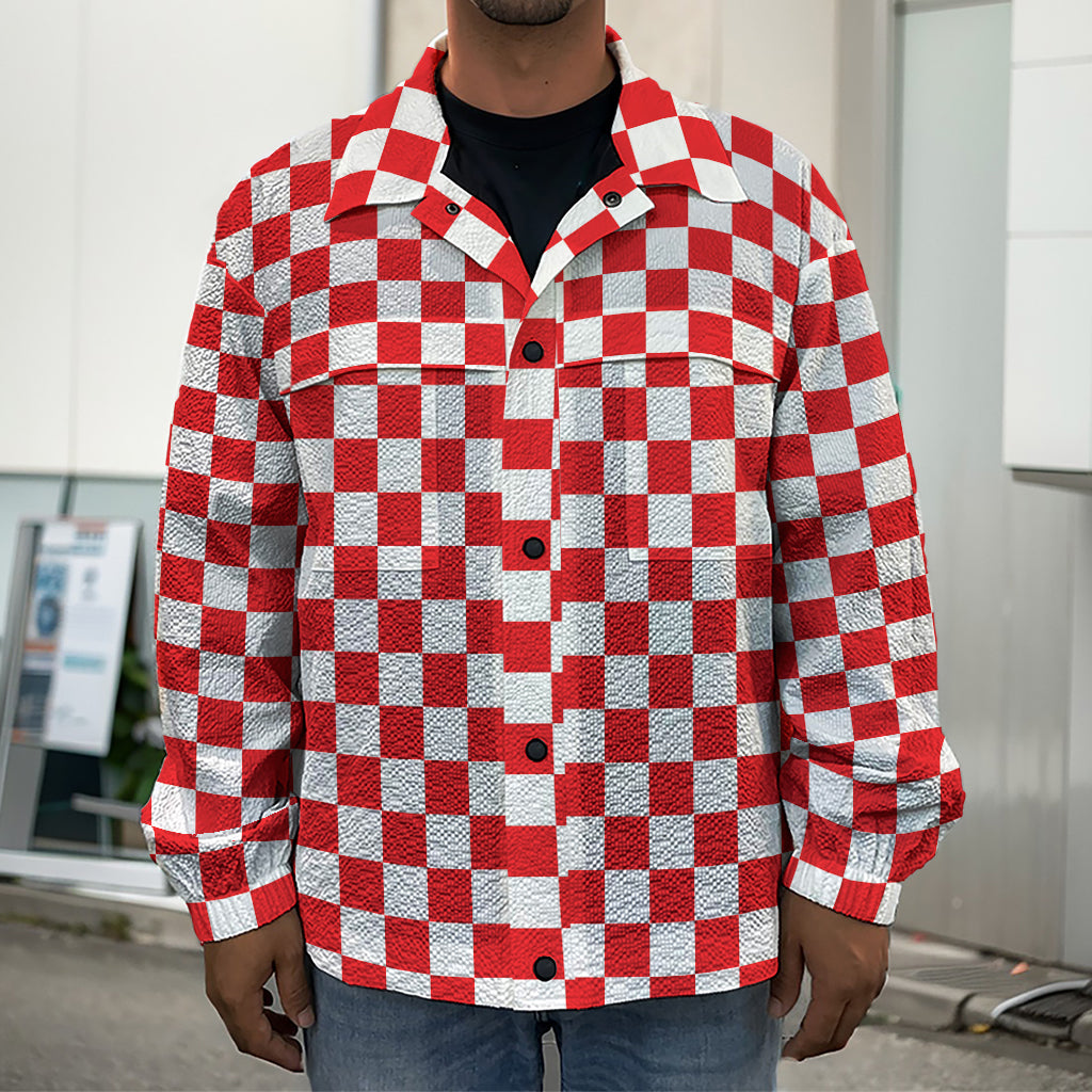 Red And White Checkered Pattern Print Men's Shirt Jacket