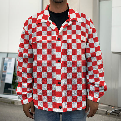 Red And White Checkered Pattern Print Men's Shirt Jacket