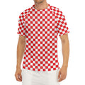 Red And White Checkered Pattern Print Men's Short Sleeve Rash Guard