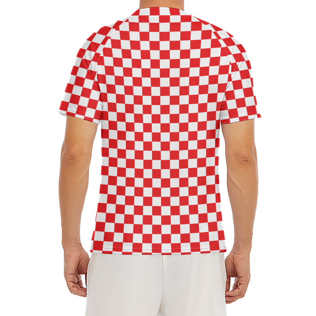 Red And White Checkered Pattern Print Men's Short Sleeve Rash Guard