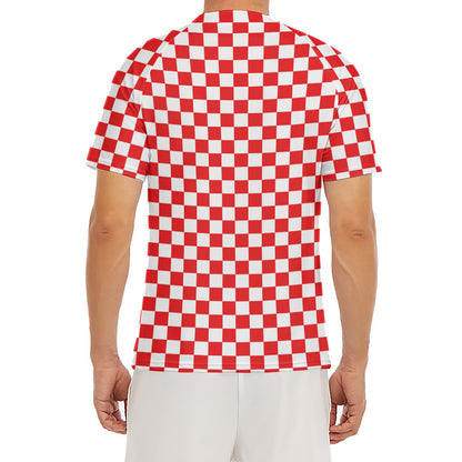 Red And White Checkered Pattern Print Men's Short Sleeve Rash Guard