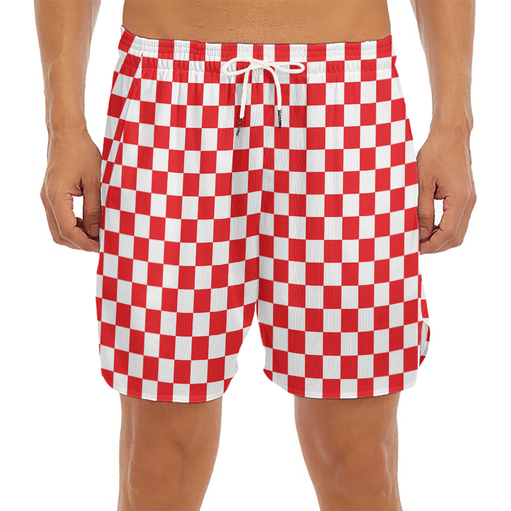 Red And White Checkered Pattern Print Men's Split Running Shorts