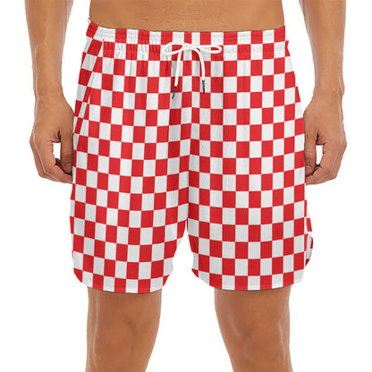 Red And White Checkered Pattern Print Men's Split Running Shorts
