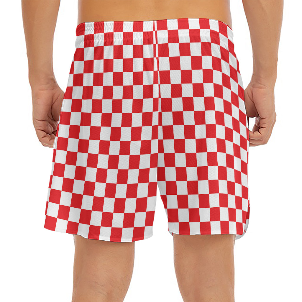 Red And White Checkered Pattern Print Men's Split Running Shorts