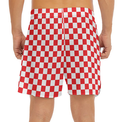 Red And White Checkered Pattern Print Men's Split Running Shorts