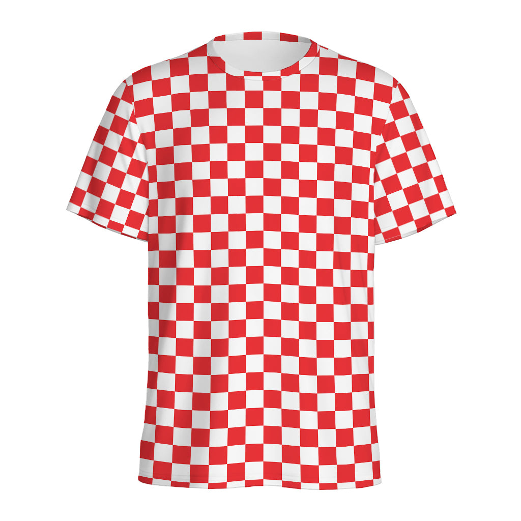 Red And White Checkered Pattern Print Men's Sports T-Shirt