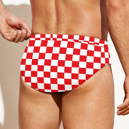 Red And White Checkered Pattern Print Men's Swim Briefs