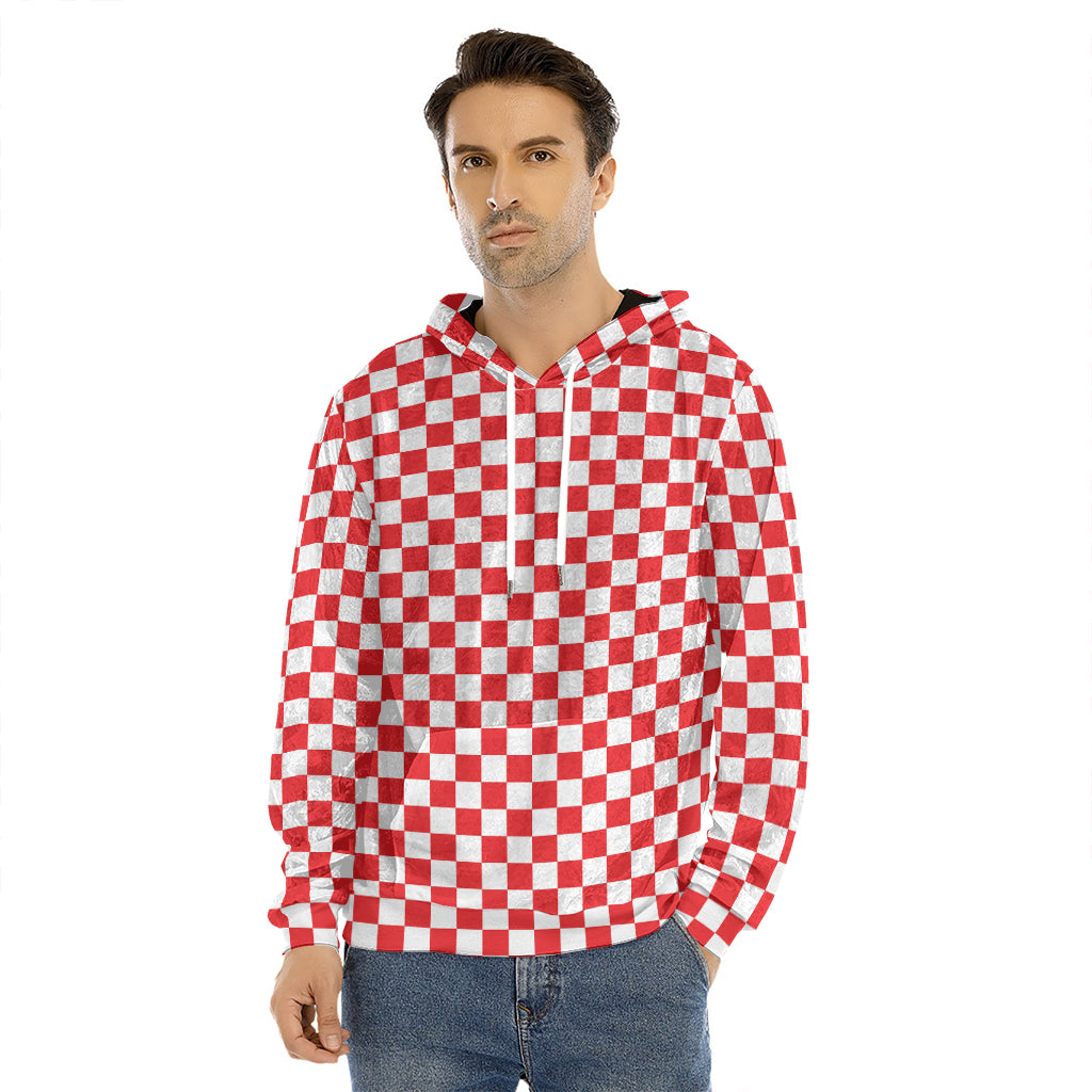 Red And White Checkered Pattern Print Men's Velvet Pullover Hoodie