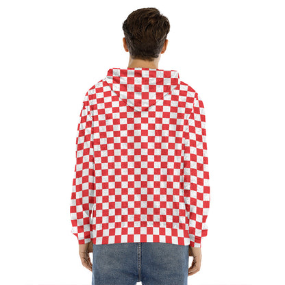 Red And White Checkered Pattern Print Men's Velvet Pullover Hoodie