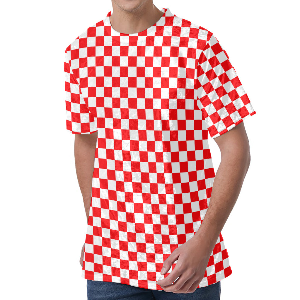 Red And White Checkered Pattern Print Men's Velvet T-Shirt