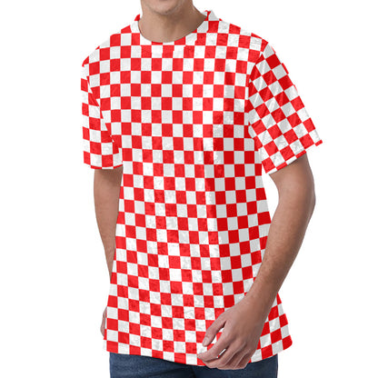 Red And White Checkered Pattern Print Men's Velvet T-Shirt