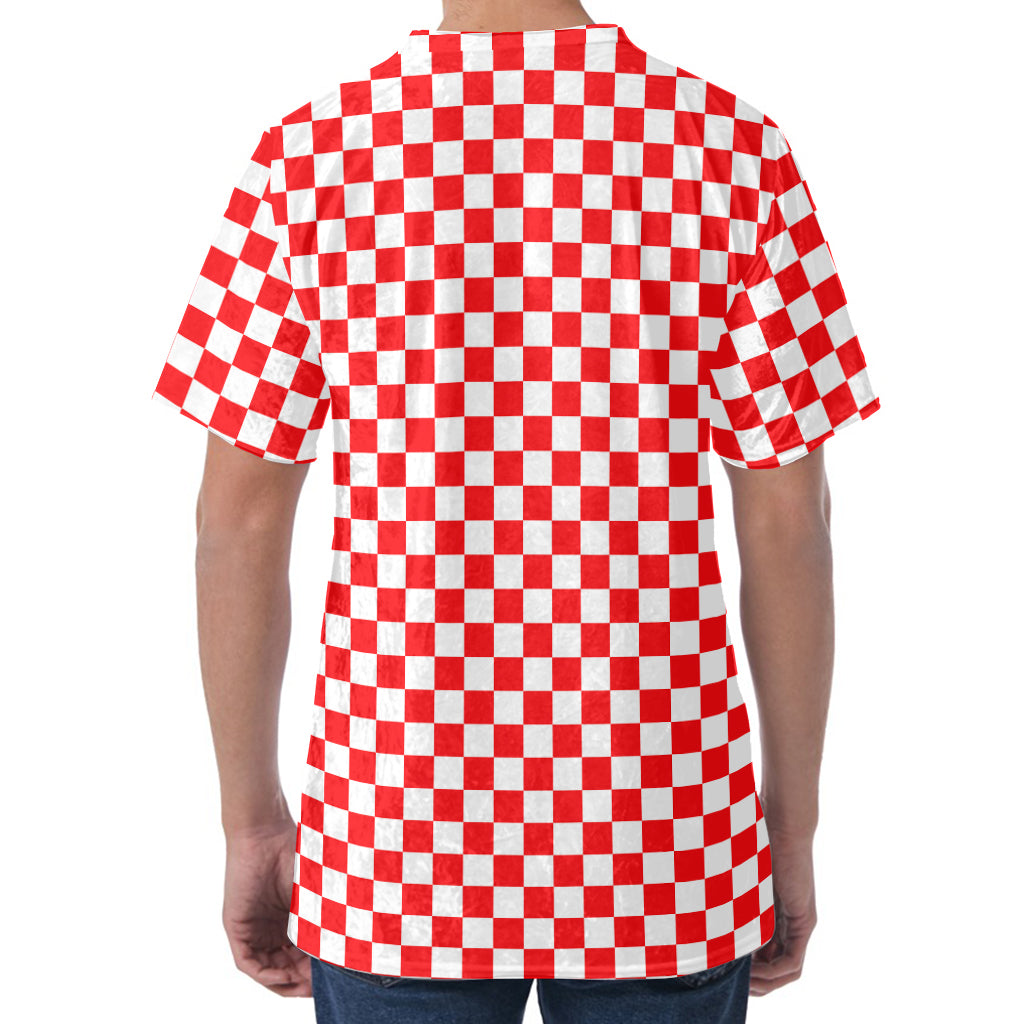 Red And White Checkered Pattern Print Men's Velvet T-Shirt