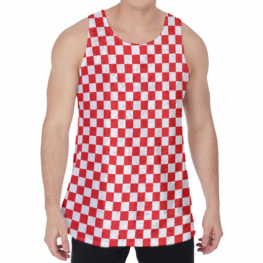 Red And White Checkered Pattern Print Men's Velvet Tank Top