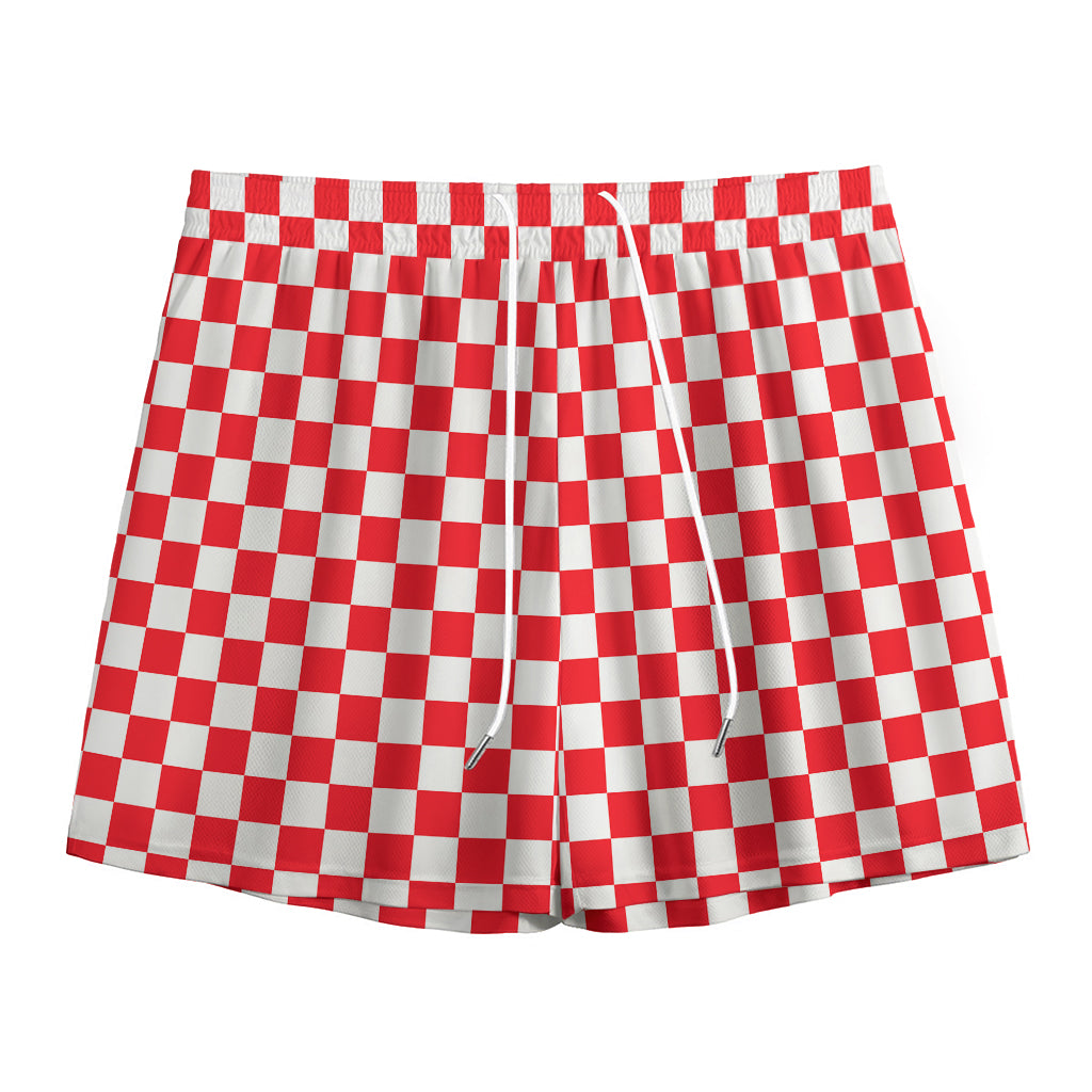 Red And White Checkered Pattern Print Mesh Shorts