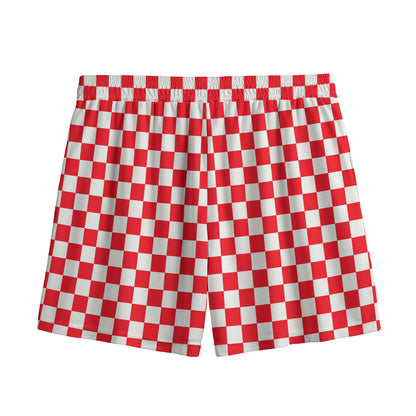 Red And White Checkered Pattern Print Mesh Shorts