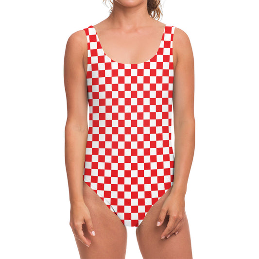 Red And White Checkered Pattern Print One Piece Swimsuit