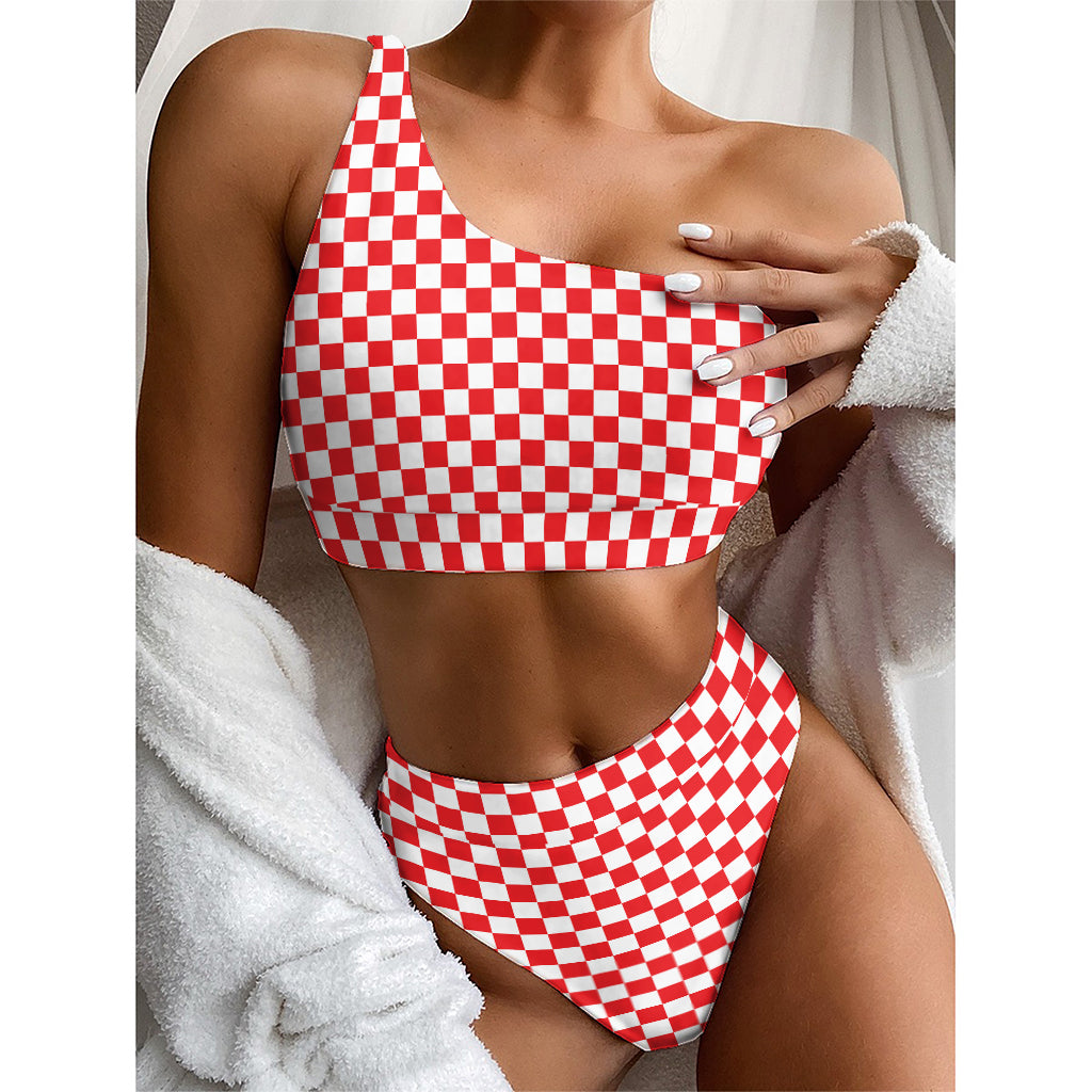 Red And White Checkered Pattern Print One Shoulder Bikini Top