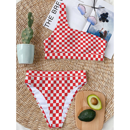 Red And White Checkered Pattern Print One Shoulder Bikini Top